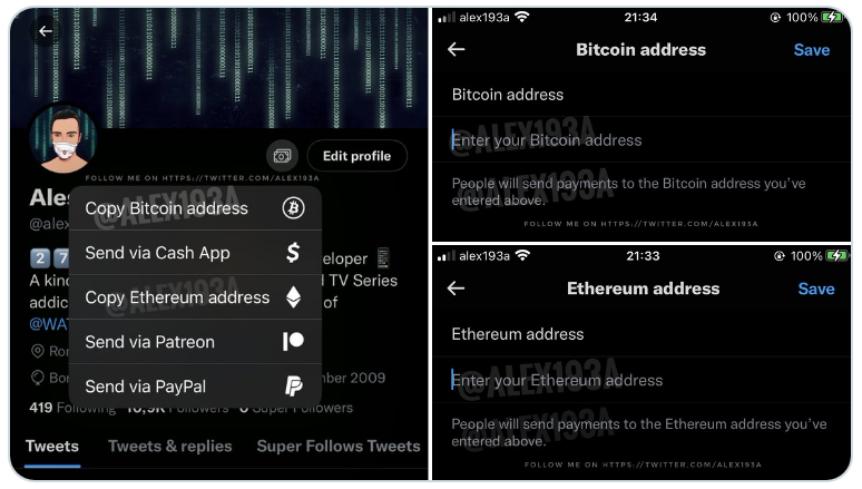 推特将允许用户在个人资料中添加BTC和ETH地址